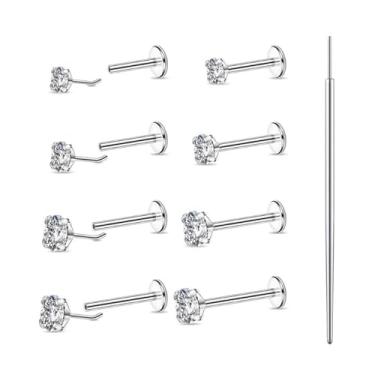 Imagem de Beautidots 9 peças 16G Brincos de nariz prateados com costas planas aço inoxidável tragus labret cartilagem lábio medusa concha piercing joias CZ diâmetro 2 3 4 mm comprimento da barra 6 7 8 9 mm para