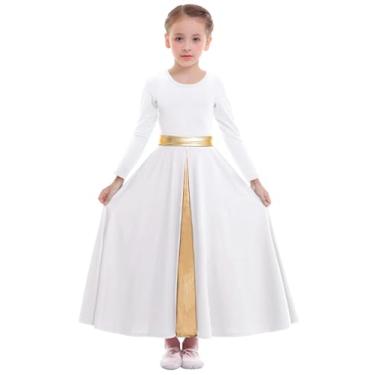 Imagem de Z&X Vestido de dança de louvor para meninas, comprimento total, saia rodada, manga comprida, adoração litúrgica, roupão de igreja, roupa de dança lírica, 08 Branco, 7-8 Anos
