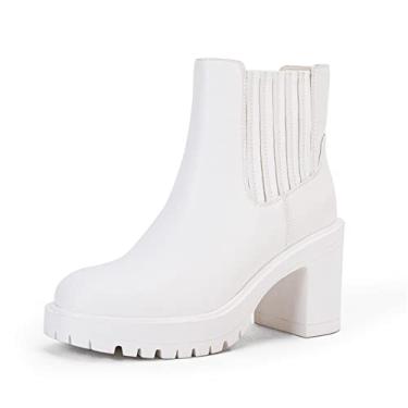 Imagem de Botas femininas cano baixo salto grosso Chelsea acordeão cano alto Western, Branco cremoso., 7.5
