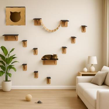 Imagem de BOXFAN Playground para Gatos 12 Peças Parquinho para Gato Ponte Nichos e Prateleiras Escada Toca Casinha Diversão Felina Antiestresse Mdf Circuito Suspenso de Parede
