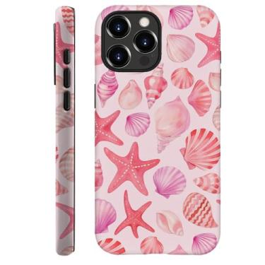 Imagem de Capa compatível com iPhone 15 Pro Max, capa rígida híbrida de 2 camadas, macia à prova de choque para meninas e mulheres, padrão de estrelas do mar de conchas rosa
