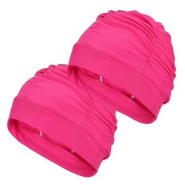 Imagem de YELARXI Touca de natação de tecido, chapéu de natação de poliéster, touca de natação elástica, adequada para mulheres e homens, cabelos longos adultos (2 peças, fúcsia)