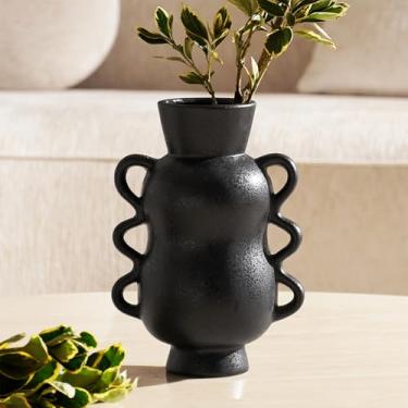 Imagem de DN DECONATION Vaso de cerâmica preta com alças onduladas Vaso de flores rústico para decoração de casa, vaso grande decorativo moderno para centros de mesa, prateleira, decoração de casamento, flores
