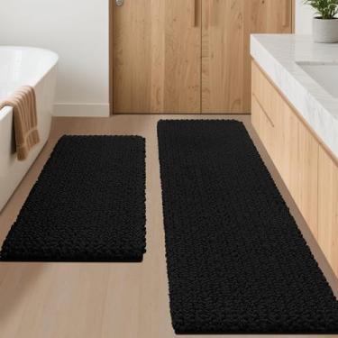 Imagem de ACCUMTEK Tapete de banheiro preto de 2 peças Upgrade Luxury 152,4 cm x 50,8 cm + 81,3 cm x 50,8 cm, tapetes de banheiro ultra macios e espessos, tapete de banheiro de chenille antiderrapante para