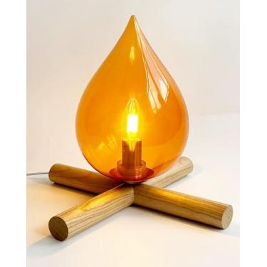 Imagem de HEQET Candeeiro de mesa de fogueira, luminárias descoladas, cúpula de vidro laranja fofa com base de madeira, novidade exclusiva retrô aconchegante luz noturna para quarto, sala de estar ou decoração