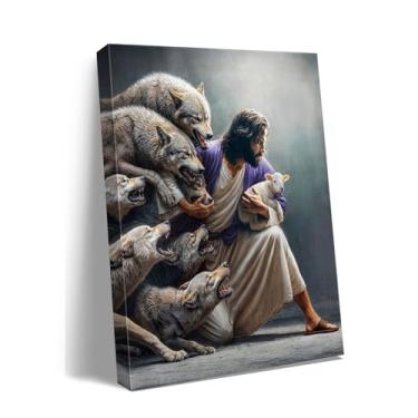 Imagem de Arte de parede cristã Jesus o bom pastor salvando ovelhas perdidas - Pastor guardião protegendo cordeiro de lobos, impressão em tela bíblica para decoração de igreja, decoração de casa, sala de estar