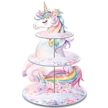 Imagem de CC HOME Suporte de cupcake de unicórnio, flores florais, 3 camadas, papelão, sobremesa, cupcake para tema de unicórnio chique, topos de chá de bebê, lembrancinhas, decorações para meninos e meninas