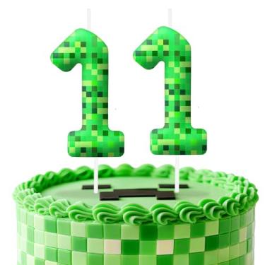 Imagem de Velas de aniversário verdes número 11, topo de bolo com tema de pixel para decoração de bolo para meninos e meninas, decorações de aniversário, suprimentos de festa, velas numéricas para decoração de