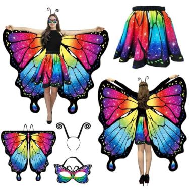 Imagem de Ziwijity Fantasias de asas de borboleta para mulheres, capa de borboleta de Halloween dupla face com saia para adultos, conjunto de festa de fantasia de fada (colorido)