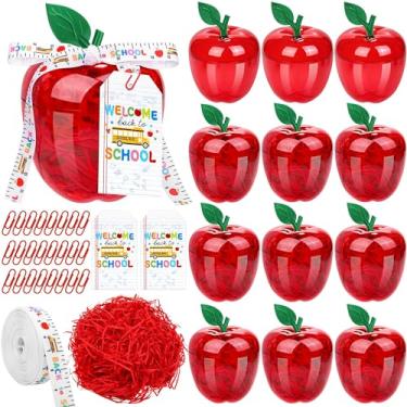 Imagem de Aneco Embalagem com 12 recipientes grandes de maçã vermelha para professores de plástico para doces, com cartões, clipes de papel, ráfia, professores, agradecimento, caixas de presente, decorações de