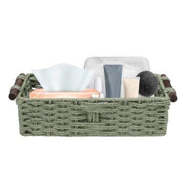 Imagem de Fockety Cesta de Armazenamento de Corda de Papel, Cesta de Vime Decorativa para a Mão para Organizar Com Alça, de Papel Higiênico de Bancada para Sala de Estar, Quarto (Verde)