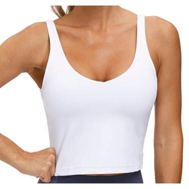 Imagem de Top esportivo Longline feminino, regata, sem aro, com bojo, suporte médio, para ioga, academia, corrida, treino (Branco, M)
