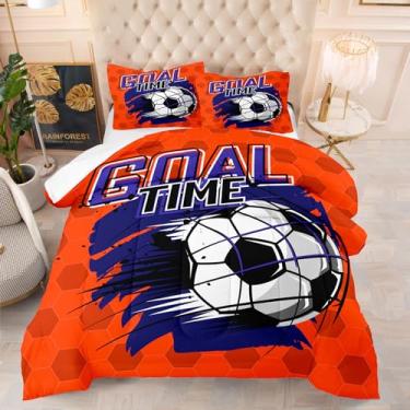 Imagem de Yadangxiawa Conjunto de edredom de futebol para meninos, casal para adolescentes, conjunto de cama estampado de futebol com colcha e fronha (esportes de futebol - A King)