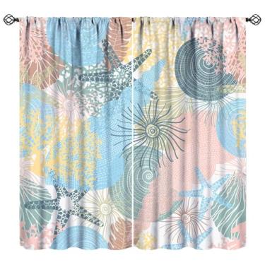 Imagem de Nitmbi Cortinas de praia oceânica, tema de praia oceânica, padrão coral de concha, janela, 2 painéis, cortina de bolso para varão, para decoração de quarto de bebê, 104 cm L x 114 cm C 30%