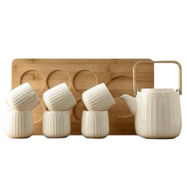 Imagem de Conjunto de bule de chá portátil, 1 bule de chá, 6 xícaras, bule de chá de cerâmica, kit conciso de xícara de chá com bandeja de bambu para escritório em casa, conjunto de chá portátil