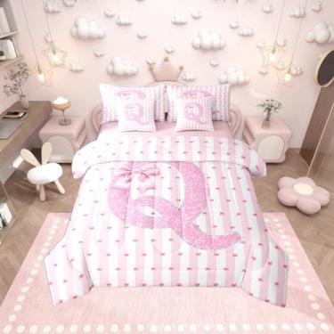 Imagem de Erosebridal Conjunto de cama solteiro com laço rosa, 7 peças, alfabeto Q, para quarto de meninas, adolescentes, mulheres, conjunto de edredom com laço e glitter, conjunto de lençol com lençol de