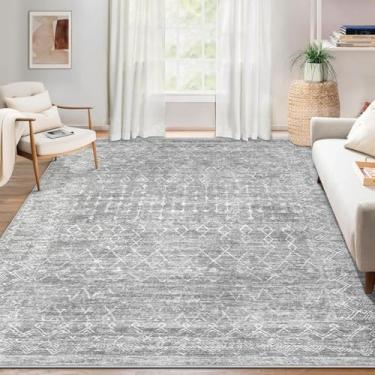 Imagem de Tapete de área para sala de estar 6x9: tapetes marroquinos grandes laváveis boho geométrico, neutro, antiderrapante, dobrável, casa de fazenda, tapete interno para quarto, mesa de jantar, casa (cinza