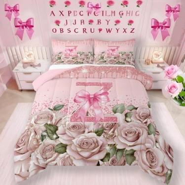 Imagem de Erosebridal Conjunto de edredom com letra A a Z, personalizado, letra Z, conjunto de cama solteiro para meninas, monograma, laço rosa, romântico, colcha kawaii
