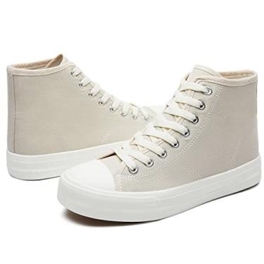 Imagem de Uoidru Tênis de lona feminino de cano alto, de lona, branco, casual, com cadarços, tênis da moda, Bege, 8