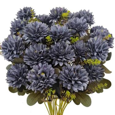 Imagem de Guagb Flores de outono para mães artificiais, 2 peças, 18 cabeças, crisântemos de seda, falsas, buquê floral, arranjos para decoração de casa, ambientes internos e externos, decoração de outono (azul