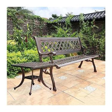 Imagem de Banco externo de alumínio fundido, banco de jardim de metal com encosto esculpido europeu, testes de braço, banco de lazer para 2 pessoas para varanda de parque à beira da piscina e bancos de jardim