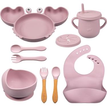 Imagem de Kit Alimentação Bebê Silicone Completo 9 Peças | Prato, Copo, Talheres, Babador | BLW, Livre de BPA, Antiderrapante (ROSA)