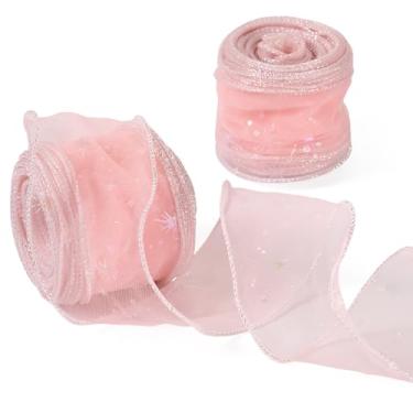 Imagem de KISSITTY Fita de tule de 20 metros padrão de estrela rosa pérola 5 cm de largura poliéster artesanato fitas decorativas para festa de árvore de Natal, guirlandas de casamento, laços, decoração de