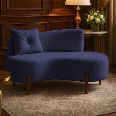 Imagem de Sofá Orgânico Divã Boucle Com Pés de Madeira - 7 Decor, Azul Marinho