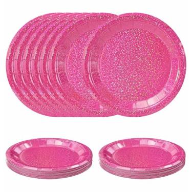 Imagem de SietDESEO 50 peças de pratos iridescentes rosa choque pratos de sobremesa 18 cm holográfico rosa choque prato descartável para festa de aniversário, jantar, casamento, chá de bebê, prato de bolo com