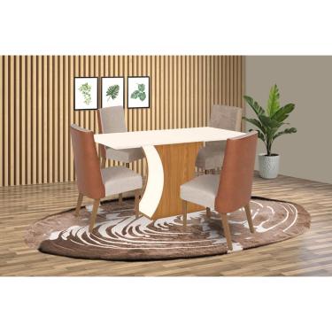 Imagem de Conjunto: Mesa Sala Jantar Luiza SC15 Tampo Madeirado c/ Vidro Canto Curvo 160x90cm e 4 Cadeiras Anne Nature/Courano/Linho - Henn