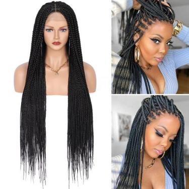 Imagem de Peruca frontal de renda trançada Fecihor Knotless Box Braid 36" preta