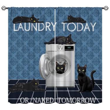 Imagem de Cortinas vintage para lavanderia, estampa de gato preto, azul, damasco, citações de lavanderia, tratamentos de janela, cortinas com isolamento térmico para varão, conjunto de 2 painéis para quarto