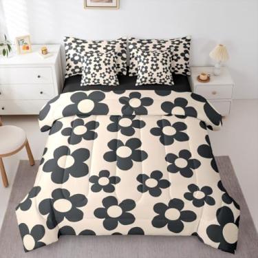 Imagem de Erosebridal Conjunto de cama casal com estampa floral, bege, preto, floral, vintage, retrô, para meninas, adolescentes, mulheres, conjunto de edredom com lençol com enchimento de edredom floral