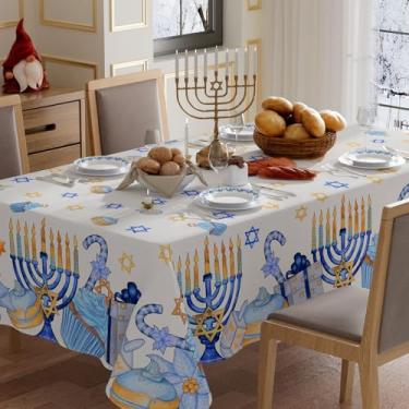Imagem de XCHI Toalha de mesa retangular com estrela de seis pontas Hanukkah Chanukah Menorah Dreidel, toalha de mesa lavável, para decoração de festa em casa, 152 x 213 cm
