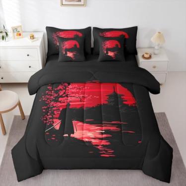 Imagem de Erosebridal Conjunto de edredom Samurai solteiro, 7 peças, pôr do sol em uma bolsa para quarto, conjunto de cama japonesa para crianças, meninos, adolescentes, homens, com edredom, lençóis, fronhas