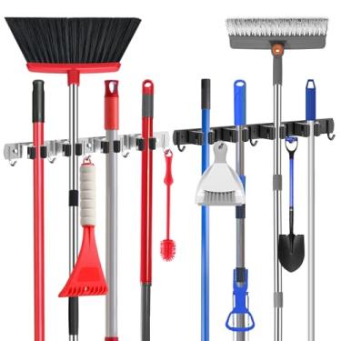 Imagem de nacena Suporte de parede para vassoura, 2 pacotes de esfregão e vassoura de aço inoxidável com ganchos, organizador de vassoura e esfregão resistente para pendurar na parede para banheiro, cozinha