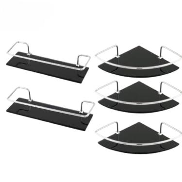 Imagem de Kit para Banheiro em Vidro Fumê, 3 Prateleiras de Canto + 2 Retas 30cm, 6mm de Espessura, Alumínio Polido