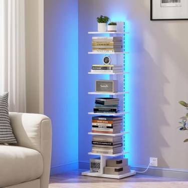 Imagem de TUTOTAK Estante estreita, estante de livros de 8 camadas com luzes LED, prateleira de livros lombada para espaços pequenos, prateleira de canto para sala de estar, escritório, escritório, entrada