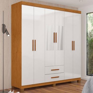Imagem de Guarda-Roupa Solteiro Aurora 6 Portas 2 Gavetas com Espelho 22117 Cinamomo/Branco - Carioca Móveis