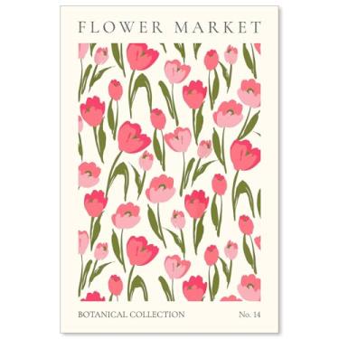 Imagem de rumlud Arte de parede floral de tulipa rosa boho planta pôster feminino botânico impressão em tela mercado de flores coleção botânica decoração de parede 40,6 x 61 cm sem moldura