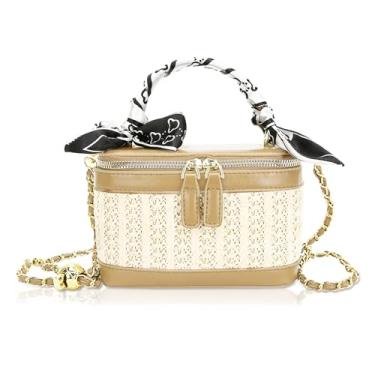 Imagem de QTKJ Bolsa transversal para mulheres, bolsa de praia quadrada, bolsa de palha emendada com couro, alça de ombro ajustável, bolsa de ombro de tecido (cáqui), Caqui, One Size