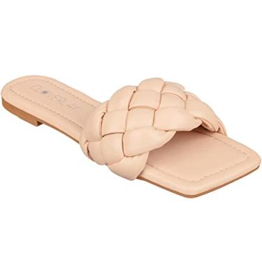 Imagem de CLOVERLAY Sandália feminina trançada, rasteira, bico quadrado, trançada, de faixa única, sem cadarço, Nude PU, 37