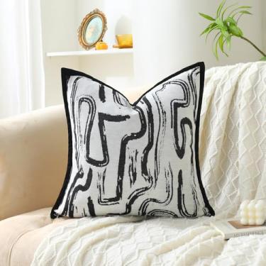Imagem de OLSUNOR Capas de almofada decorativas de 50,8 x 50,8 cm, jacquard preto e branco com borda preta, adequada para vários espaços e estilos, uma ótima escolha para presente de aniversário e inauguração