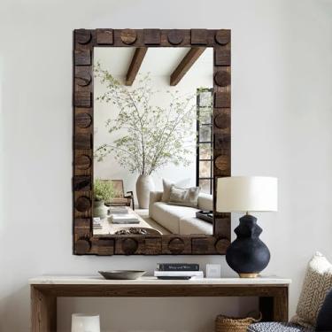 Imagem de AMOISE Espelho de parede quadrado de madeira maciça feito à mão 91 x 61 cm com design geométrico embutido de madeira, textura natural rústica para banheiro, quarto, decoração de sala de estar