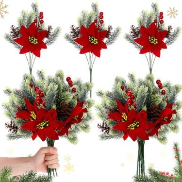Imagem de Yuxung 16 buquê de flores artificiais de poinsétia vermelha de 13,4 polegadas com pinha, agulha de pinheiro, plantas artificiais, decoração de Natal para artesanato, guirlanda de árvore de Natal, casa