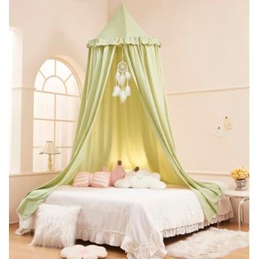 Imagem de Akiky Dossel de cama infantil para berço e solteiro com babados, apanhador de sonhos, decoração de quarto de bebê de princesa, decoração de quarto de bebê, cúpula redonda, cortinas para barraca