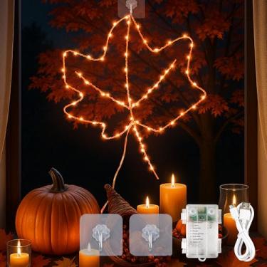 Imagem de YOUNGAR Luzes de janela de Ação de Graças, bateria de 64 LEDs/folhas de bordo operadas por USB para decoração de outono, temporizador de 8 modos para casa, interior, outono, parede de vidro, varanda