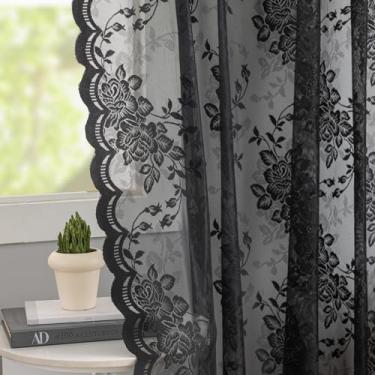 Imagem de Cortinas góticas de renda preta - 213 cm de comprimento - Cortinas escuras para sala de estar quarto, floral vitoriana, filtragem de luz transparente, 2 painéis, bolso para haste, decoração gótica de