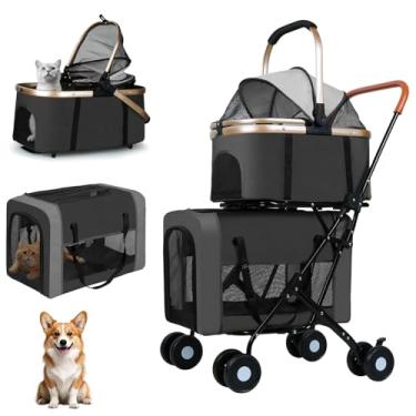 Imagem de YYW Carrinho de bebê duplo para cães e gatos pequenos – Carrinho dobrável 4 em 1 com 2 transportadores removíveis, rodas com trava e cintos de segurança, ideal para passeios e viagens em casas com