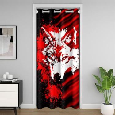 Imagem de jejeloiu Cortina de porta de lobo para privacidade de porta vermelha e preta ombré para quarto, sala de estar, lobos, cortina divisória de quarto uivando, 106,7 x 203,2 cm, animais selvagens